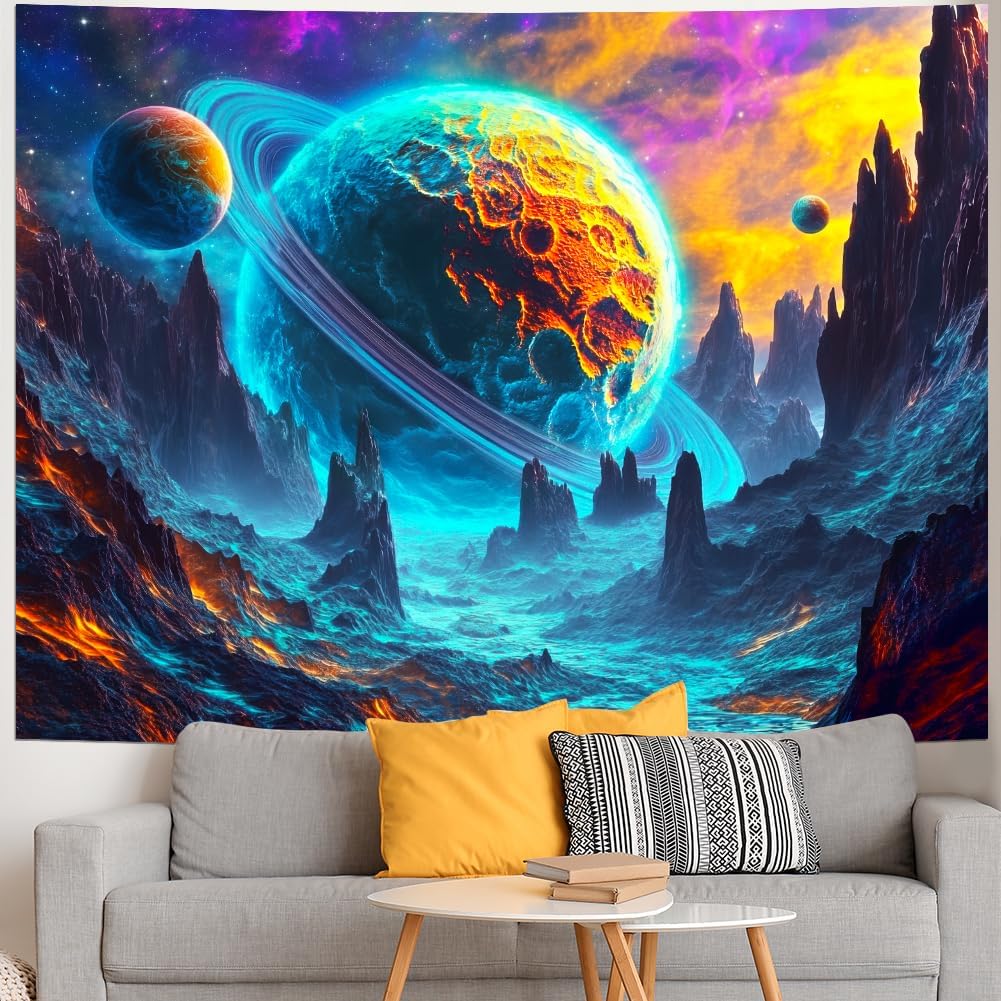 Yuiqear Psychedelic Planet Tapestry Trippy Galaxy Space Tapestries Neon Starry Sky Wall Decor Mysterious Universe Mountain Tapes