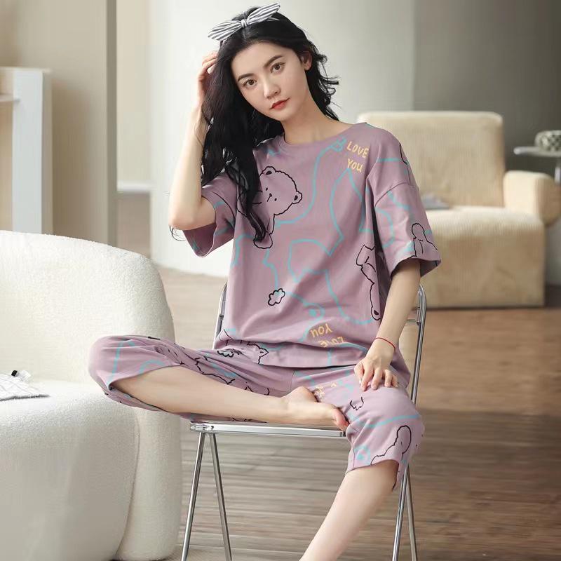 Korean Style Women's Summer Pajama Set – Imitation Cotton, Short Sleeve, Capri Pants, Thin, Cute, Plus Size