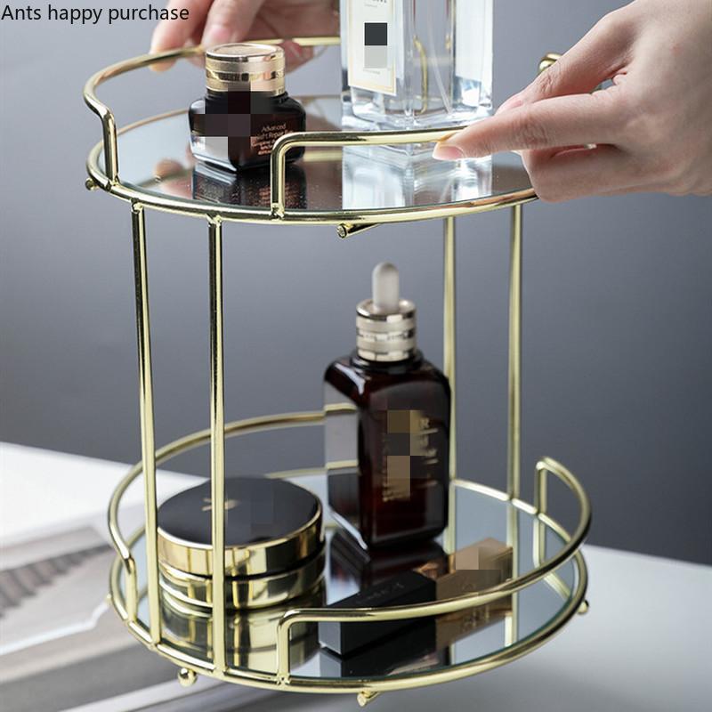 Wrought iron glass Double storage rack Round cosmetic rack Rotatable shelf Bathroom Shelves organizer Cake stand Dessert plate