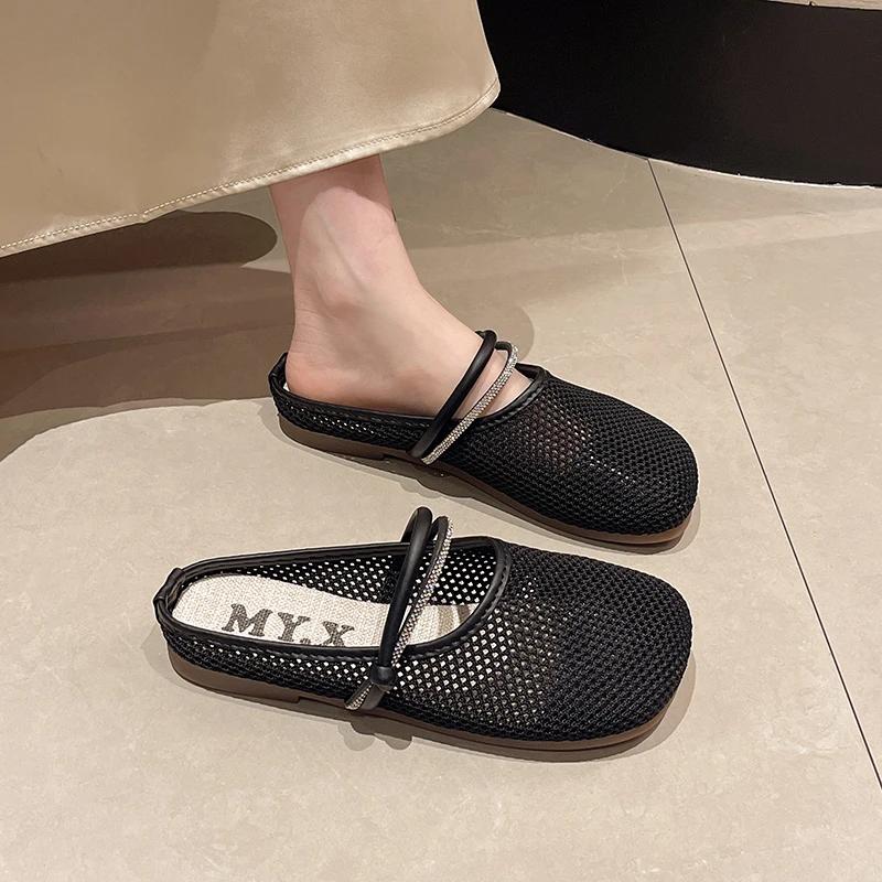 Fashion Women's Fashion Slippers Flat Sole Round Toe Mesh Upper Women's Mules Dress Outdoor Roman Retro Breathable Zapatillas De Mujer