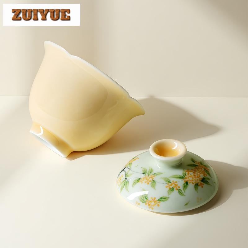 100ml Apricot Yellow Hand-painted Osmanthus Gaiwan Luxury Tea Tureen Tea Bowl With Lid Kit Tea Making Cover Bowl Teaware Gift