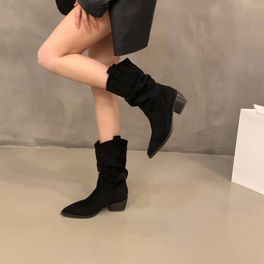 High Heel Pointed Suede Martin Boots Pile Medium Tube Knight Boots Women's Boots 2025 Spring and Autumn V-mouth Skinny Short Boots