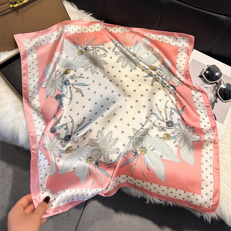 French Light Luxury Floral Small Square Scarf Simulation Silk Printing Silk Scarf Headscarf Women's Spring and Summer Scarf Temperament Scarf Scarf N