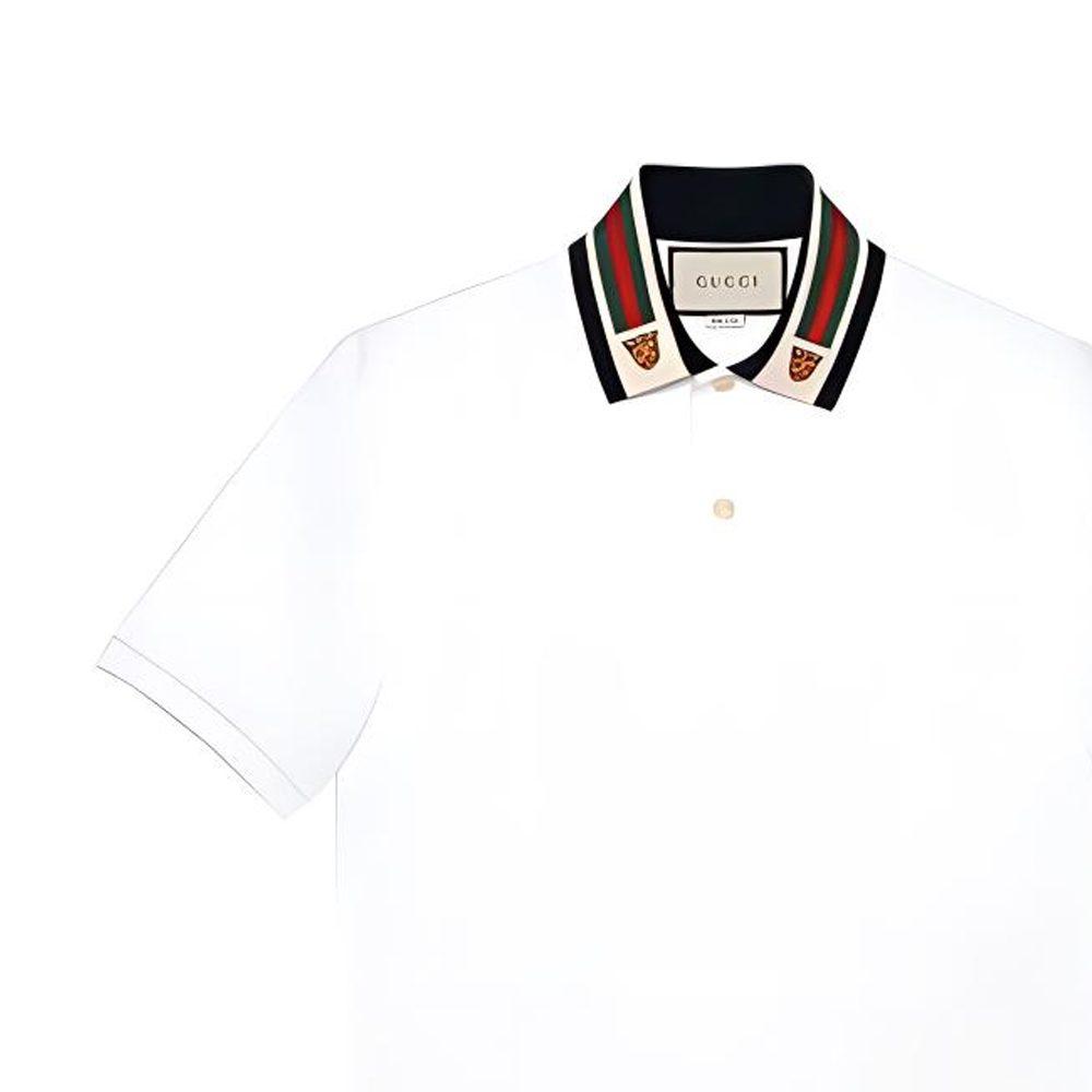 Gucci Pánské bílé bavlněné polo s proužkem a hlavou kočkovité šelmy 545714-XJAGU-9061
