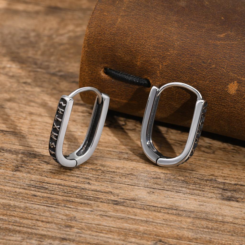 U-shaped Viking Rune Hoop Earrings for Men Stainless steel Gothic Norse Vintage Amulet Huggie Earring Punk Gift for Male friends