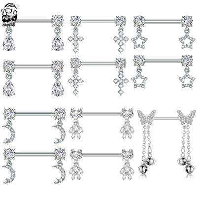 2pcs Cute Bear Butterfly Dangle Nipple Piercings Stainless Steel Cross Star Hanging Nipple Shield Barbell for Women Nipple Rings