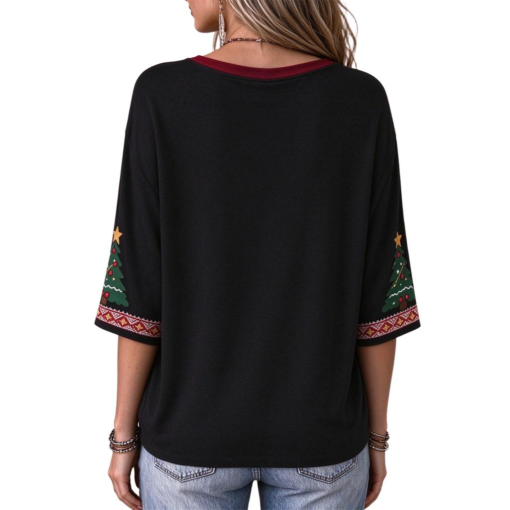 Women's Casual Christmas Animal Print V-Neck Pullover Top for Holiday Outfits