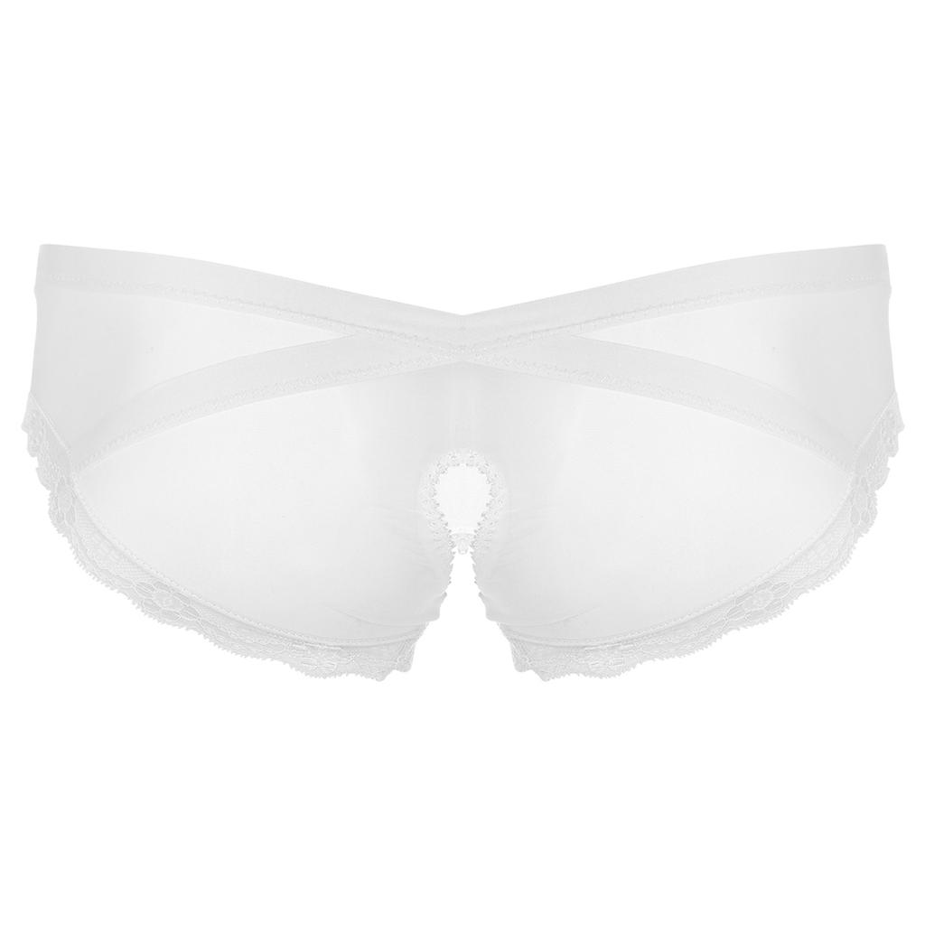 Mens See Through Mesh Crotchless Briefs Low Rise Lace Trim Underpants Cross Dresser Sissy Underwear