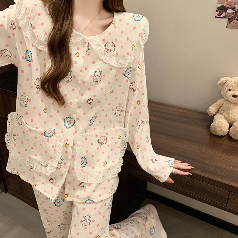 Doll Collar Pajamas Women'S Long-Sleeved Cartoon Polka Dots Cute Cloud Cotton Loungewear Suit Can Be Worn Outside