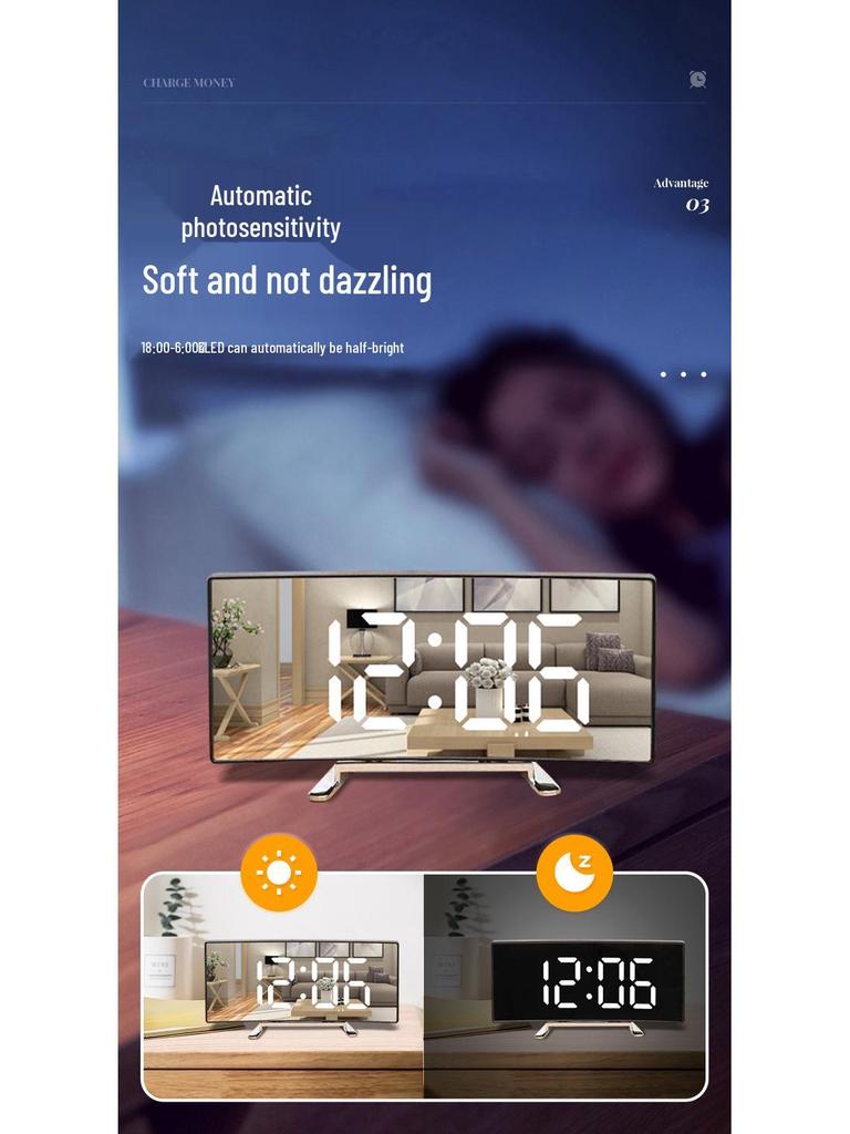Multifunctional LED Desktop Alarm Clock with Large Curved Screen and Digital Mirror Display