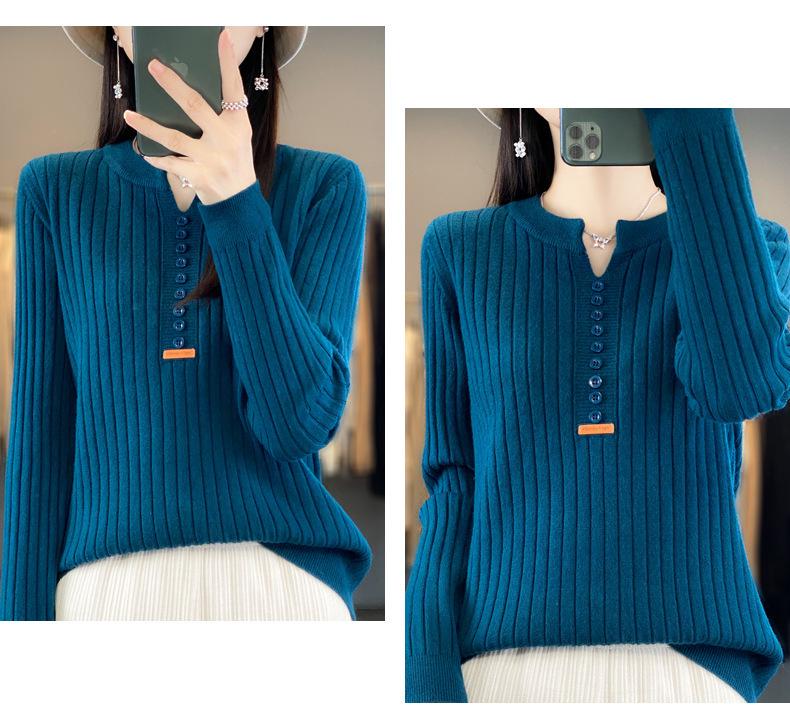 2023 Autumn Women's Slim Fit Long Sleeve Button Knit Pullover with Round Neck