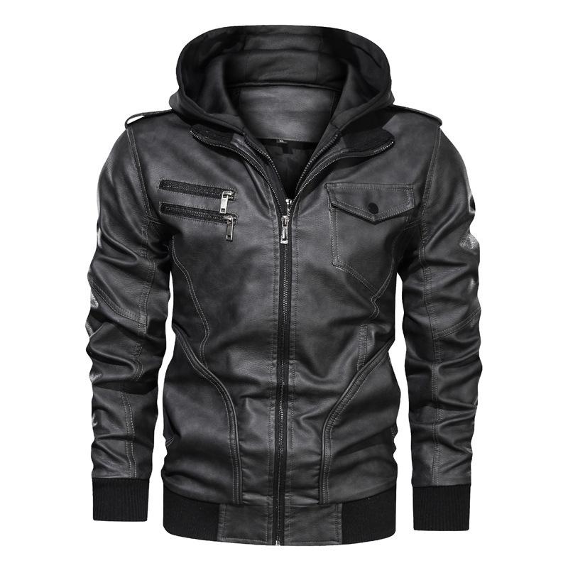 [European size] Winter men's removable hooded pu leather jacket, large size casual locomotive leather jacket for men