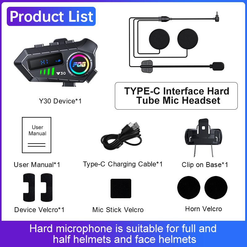 KEBIDUMEI Y30 Motorcycle Intercom Helmet Bluetooth Headset MOTO Communicator Interphone with Flashlight Handsfree Mic Headphone