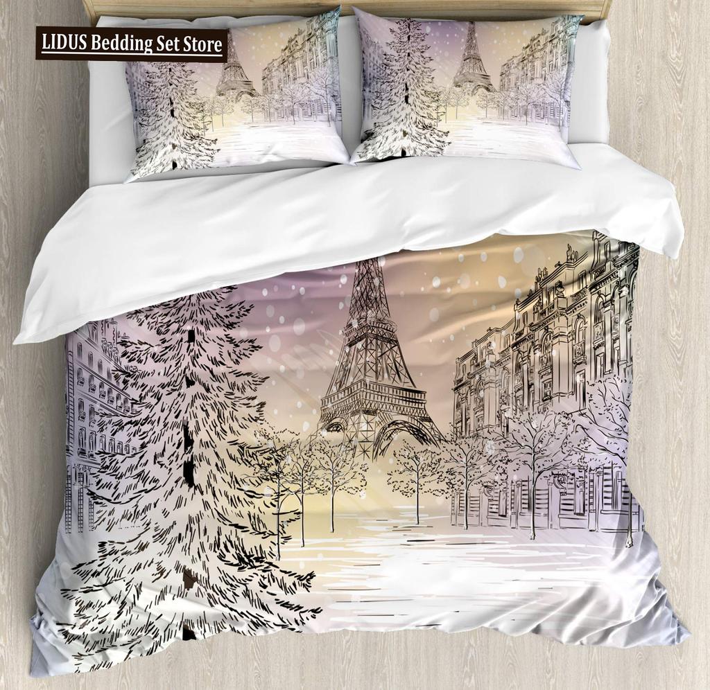 Eiffel Tower Duvet Cover Paris Tower Red Car Bedding French Style Home Decoration Grey Cityscape French Romantic Gift For Women