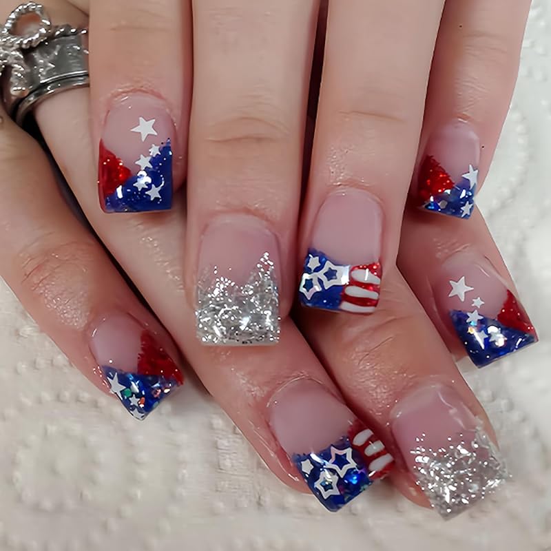 4th of July Nails French Tip Press on Nails Short Square Fake Nails Independence Day False Nails Glitter American Flag Artificial Glue on Nails Red 4th of July Nails-21