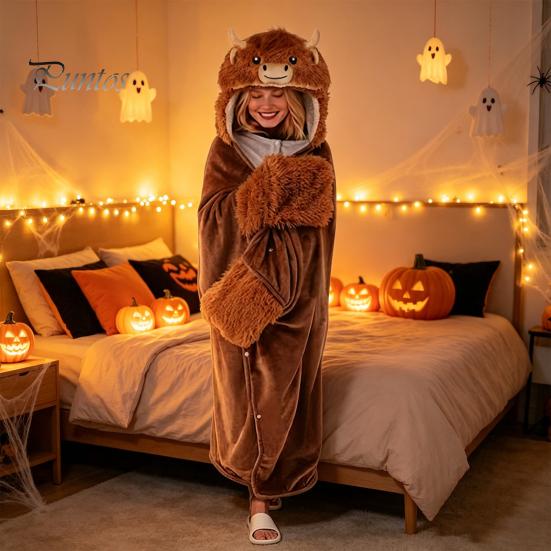 Comfortable Loungewear for Women Halloween Wearable Blanket Hoodie, Cozy Hooded Highland Cow Cape, Soft Festive Winter Throw Plush Sloth Black