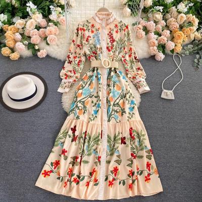 Spring and Autumn Women's Dress Vintage Court Style Dress Waisted Tied Round Neck Long Sleeve Ruffle Dress
