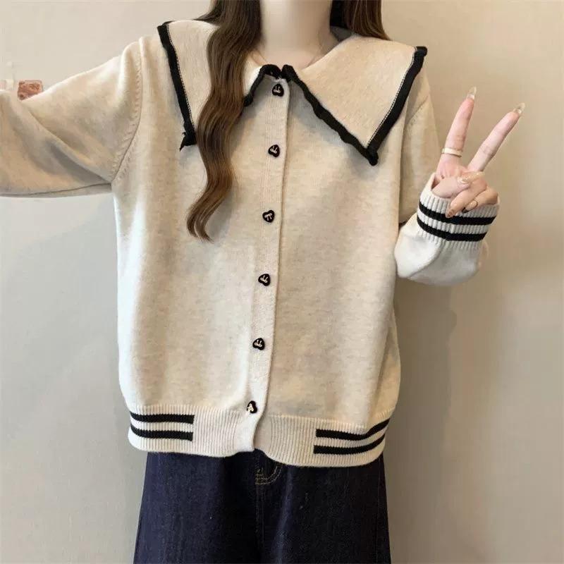 

Осень и зима новый большой размер толстый мм контрастный цвет кукольный воротник омолаживающий вязаный свитер омолаживающий шикарный базовый свитер универсальный average size