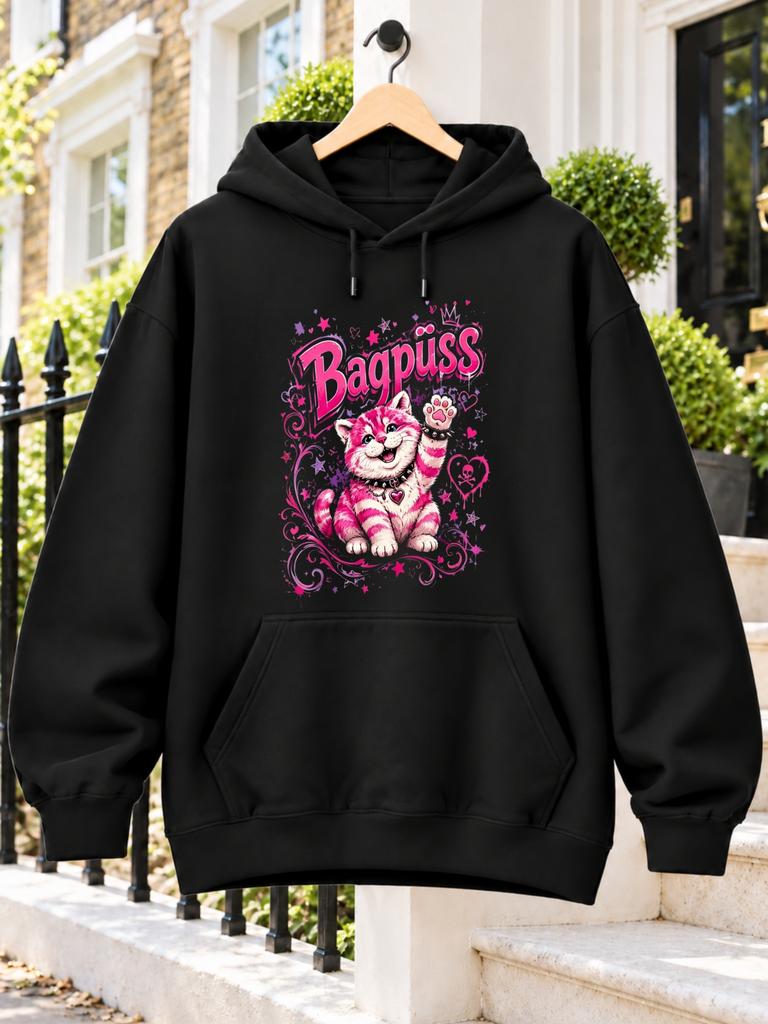 Bagpuss Graphic Hoodie with Pink Striped Cat Stars Hearts Paw Print And Bold Retro Decorative Lettering Unisex