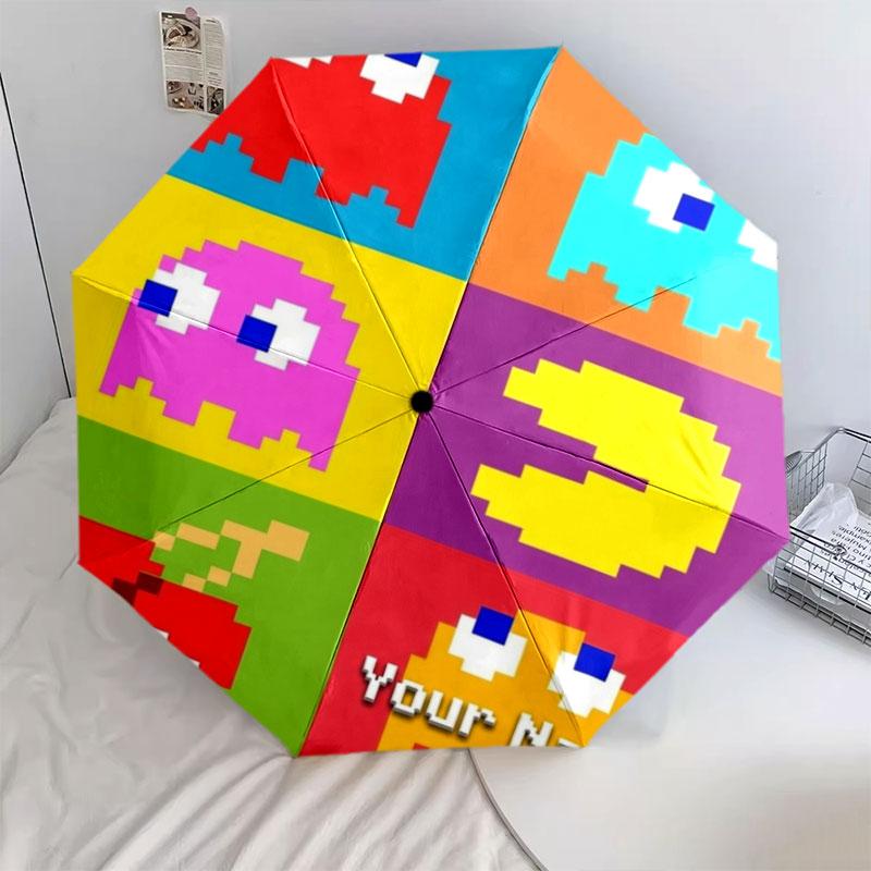 1 PC Automatic Folding Umbrella - Pac-Man Custom Name Pattern, Portable & Foldable Design with 8 Ribs, Christmas Birthday Gifts