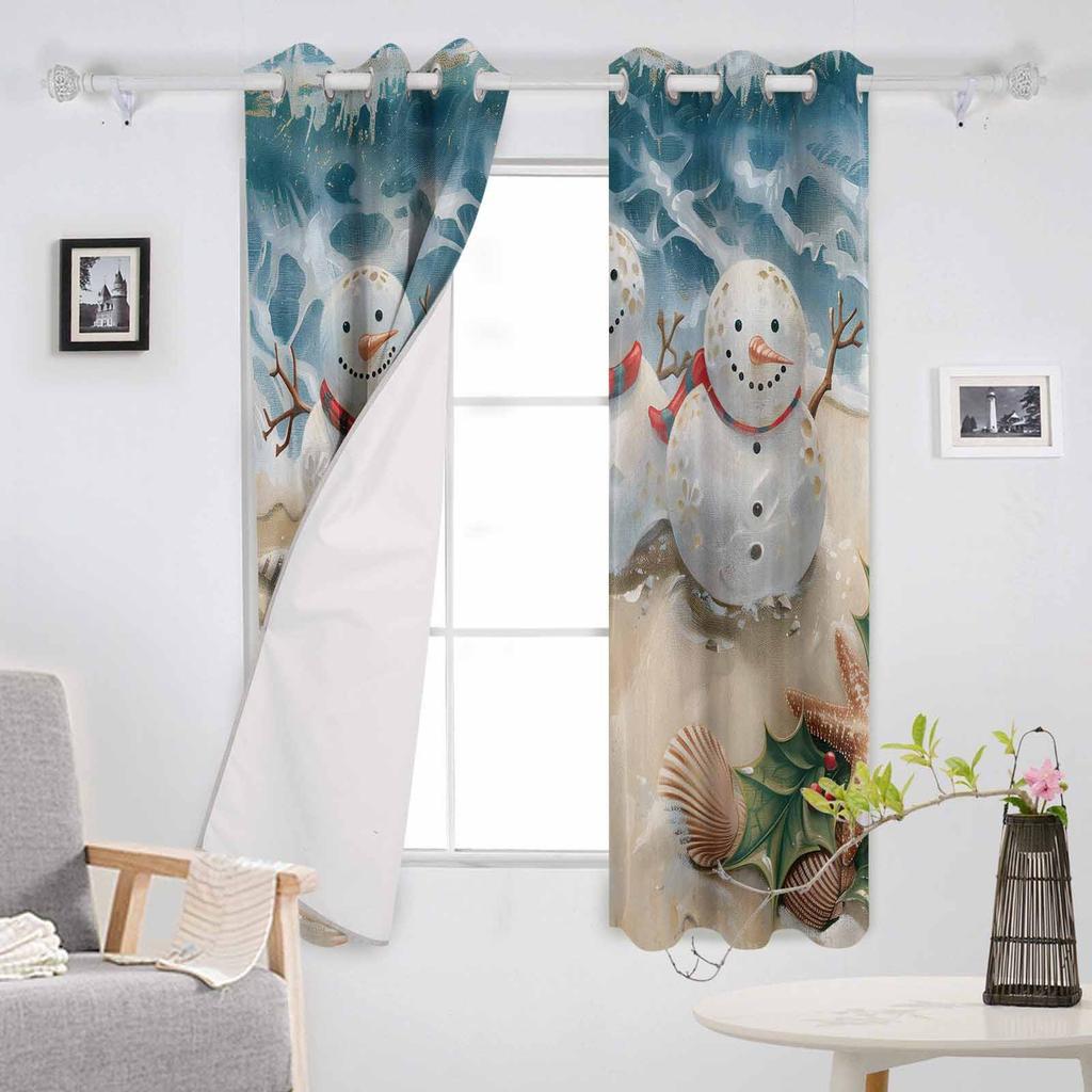 Christmas Beach Snowman Sea Star Shell Blackout Curtains For Living Room Bedroom Window Treatment Blinds Drapes Kitchen Curtains