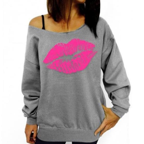 European & American Women's Red Lips Pattern Off-Shoulder Loose Fit Long Sleeve Sweater