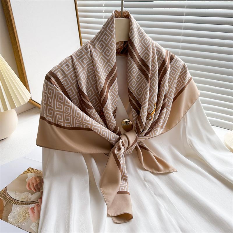 Women's Retro Twill Silk Scarf - 90cm Versatile Shawl for Travel & Sun Protection