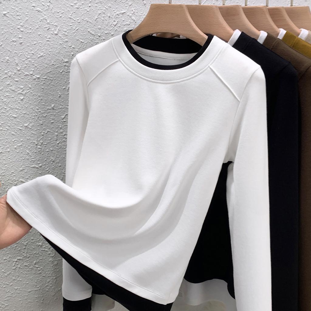 Spring and Autumn New Crew Neck Inner Bottom Shirt Women's Shoulder Slim Fake Two-piece Contrasting Splicing Top