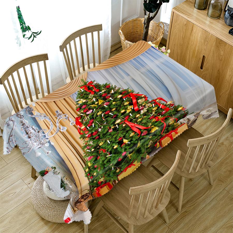 Tablecloth Golden Christmas Tree Socks And Elk Pattern Rectangular And Round Table Cloth Thicken Cotton Cover Towel