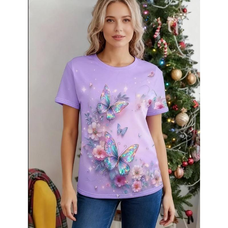 

Женская футболка с коротким рукавом большого размера с 3D-принтом бабочек, свободная и повседневная, мягкая, удобная и дышащая, для занятий спортом на открытом воздухе XS фиолетовый