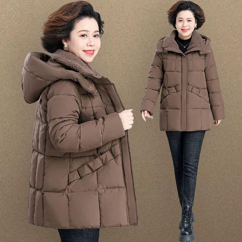 

Утепленная зимняя куртка с хлопковой подкладкой для женщин среднего возраста, длинное пуховое пальто для дополнительного тепла 5XL кофейный