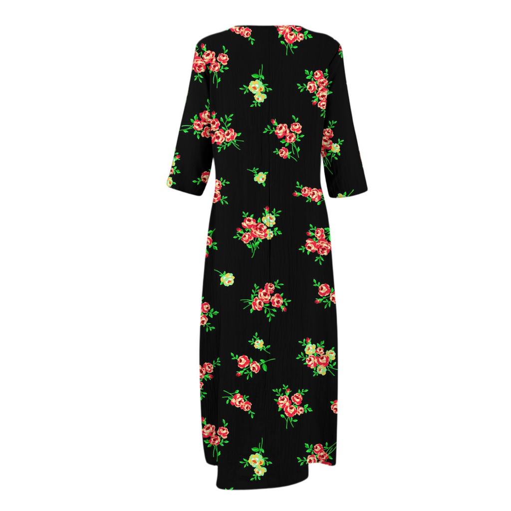 Dresses For Womens Vintage Print Tunic Waisted Midi Dress Summer Casual  3/4 Sleeve Dress