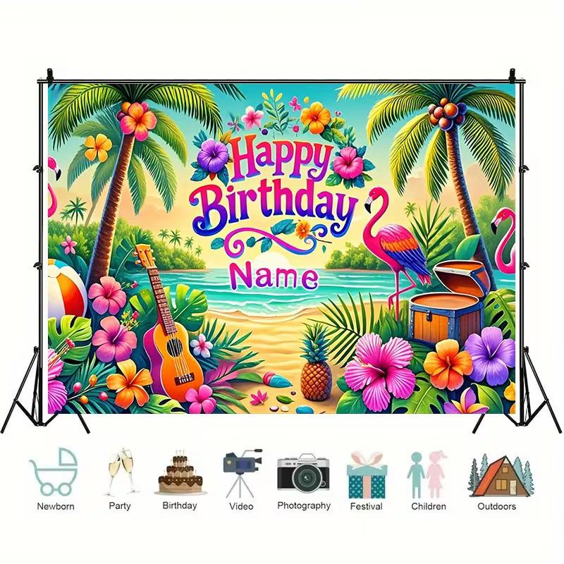 2D Customizable Name Tropical Flamingo Birthday Backdrop Beach Palm Tree Background Banner for Kids Party