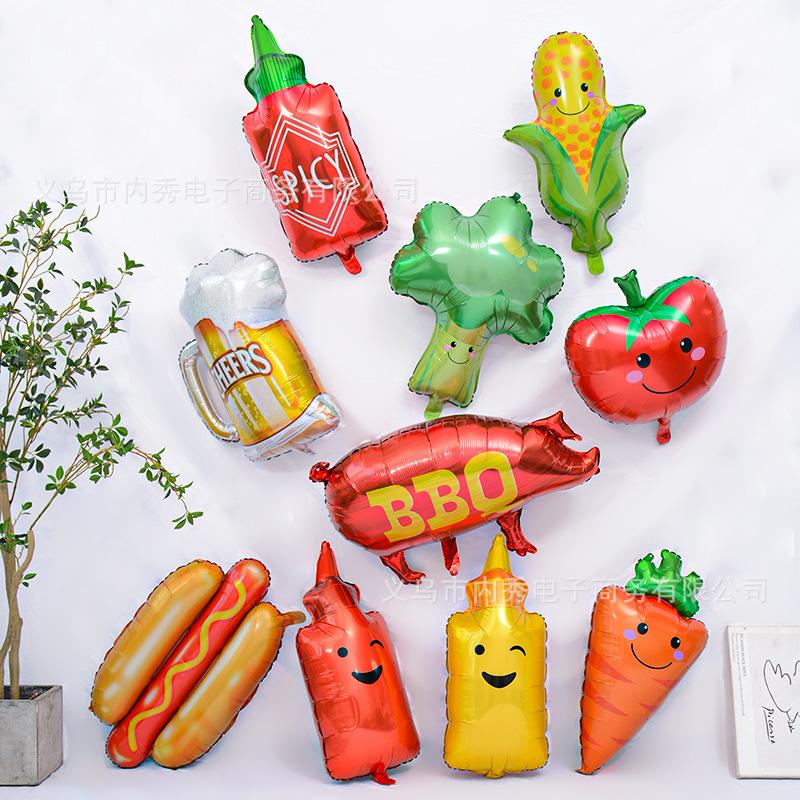 Bbq Pig Balloon Summer Outdoor Bbq Party Balloon Beer Vegetable Theme Aluminum Film Balloon Set Sauce Bottle