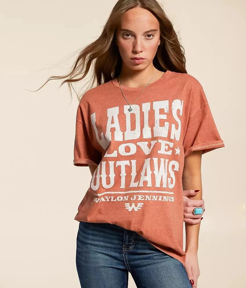 

Waylon Jennings Womens Ladies Love Outlaws Rust T-Shirt New XS, S M