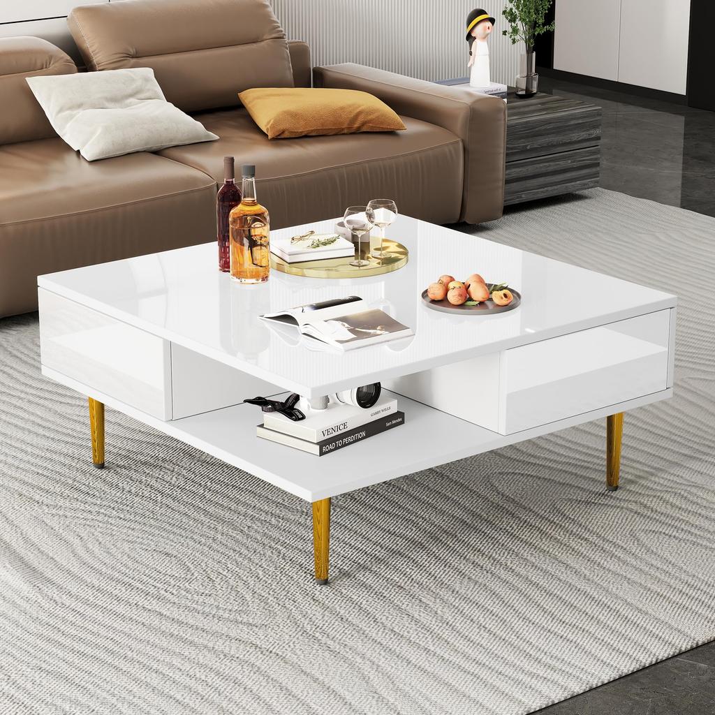 Couchtisch Weiß Hochglanz, Moderner 2 Schubladen, 2 offenen Fächern, Quadrat Kaffeetisch Sofatisch Wohnzimmer, Homeoffice, Griffsloses Design