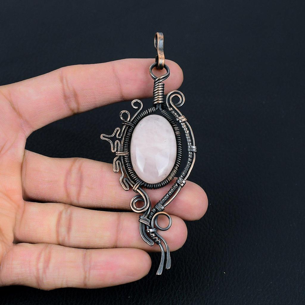 Dainty Rose Quartz Gemstone Handmade Pure Copper Wire Wrap Jewelry Pendant For Wedding Gift