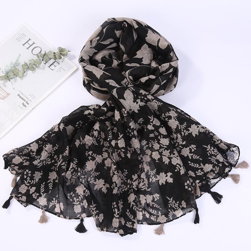 Sciarpa Boho da donna, leggera, con stampa floreale, scialle con frange, moda autunno inverno