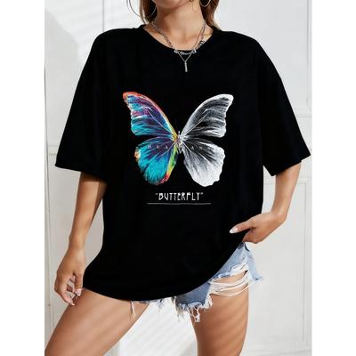 Butterfly Print Oversized T-Shirt White Colorful Butterfly And Text Design Casual Everyday Wear