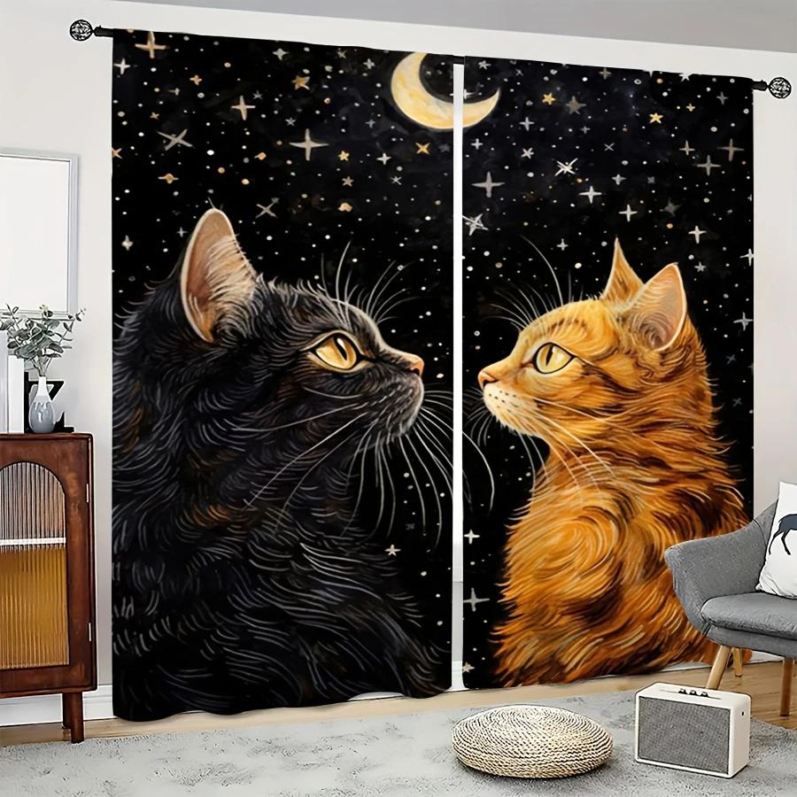 2pcs- Orange Cat Pattern Printed Curtains Under the Starry Sky, Bag-type Curtains, Home Decoration, Room Decoration