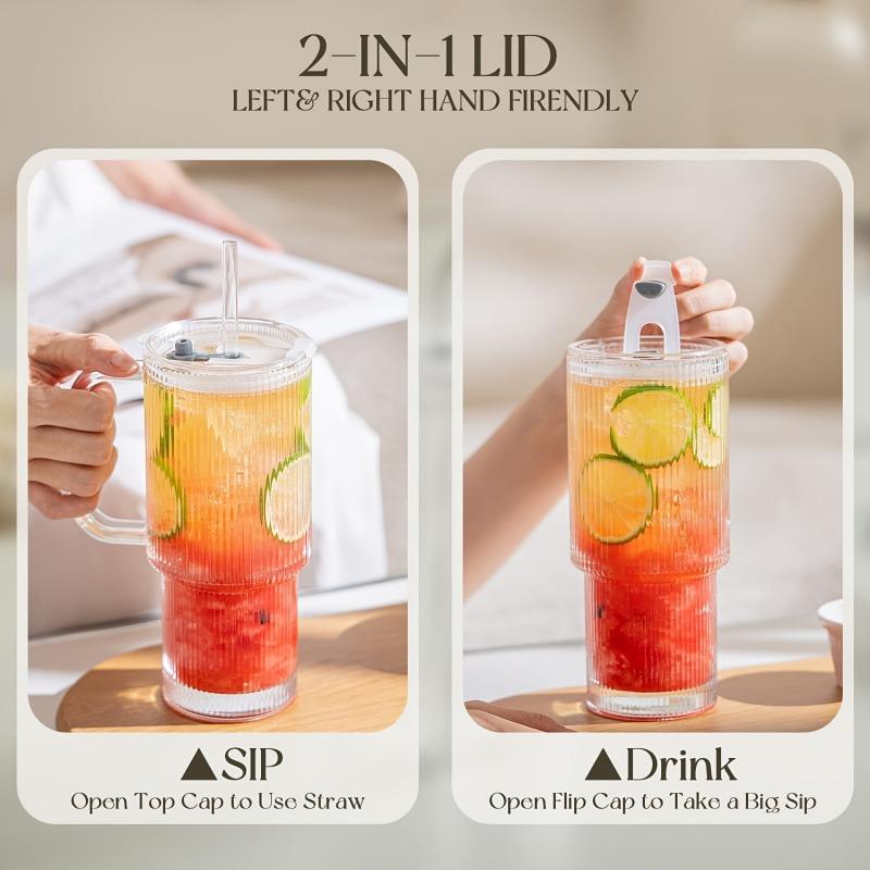 24oz Glass Tumbler Cup with Handle Lid Big MAC Iced Coffee Cups with Straw Reusable Glass Mug for Cold & Hot Beverages Drinkware