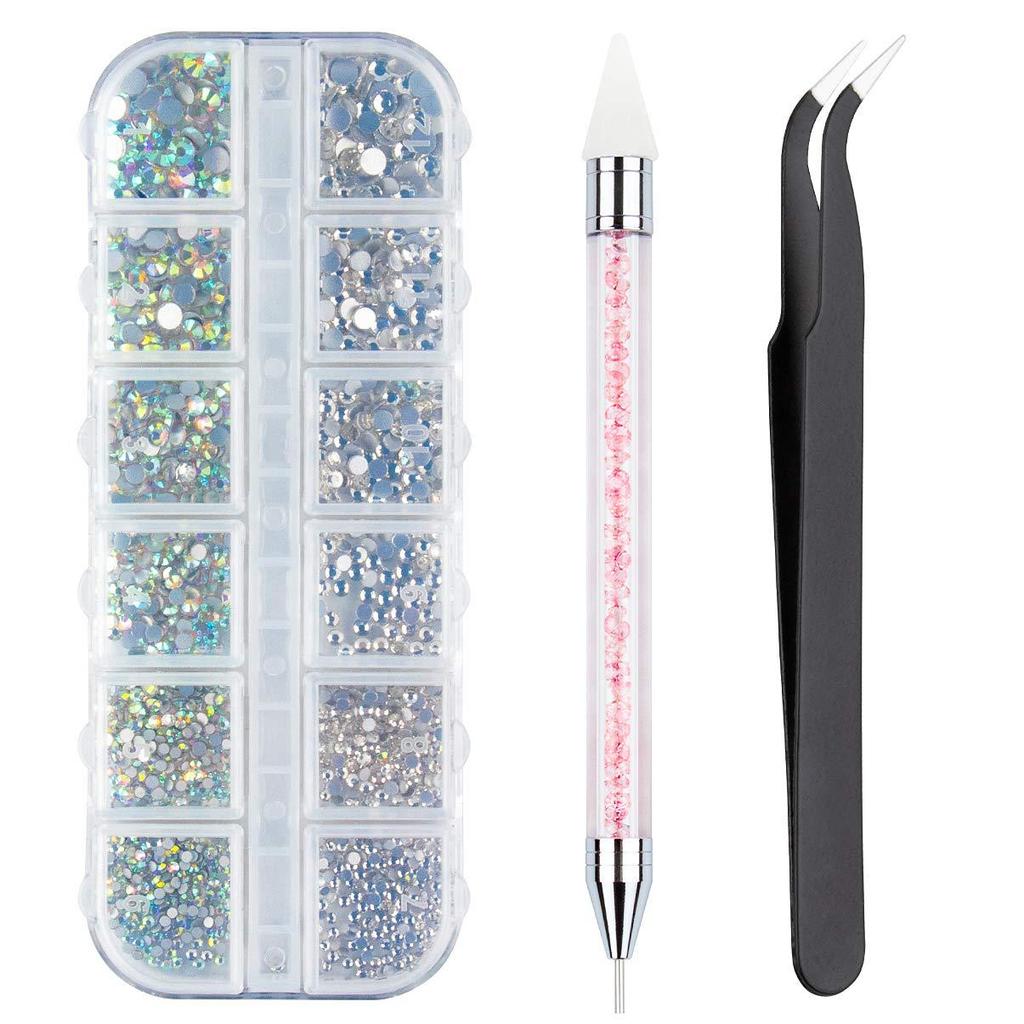 12 Grids  Clear Rhinestones Flatback Shiny Crystal Ab Nail Art Gems With Tweezer And Rhinestone Picker Dotting Pen Nail Art Tools For Nails