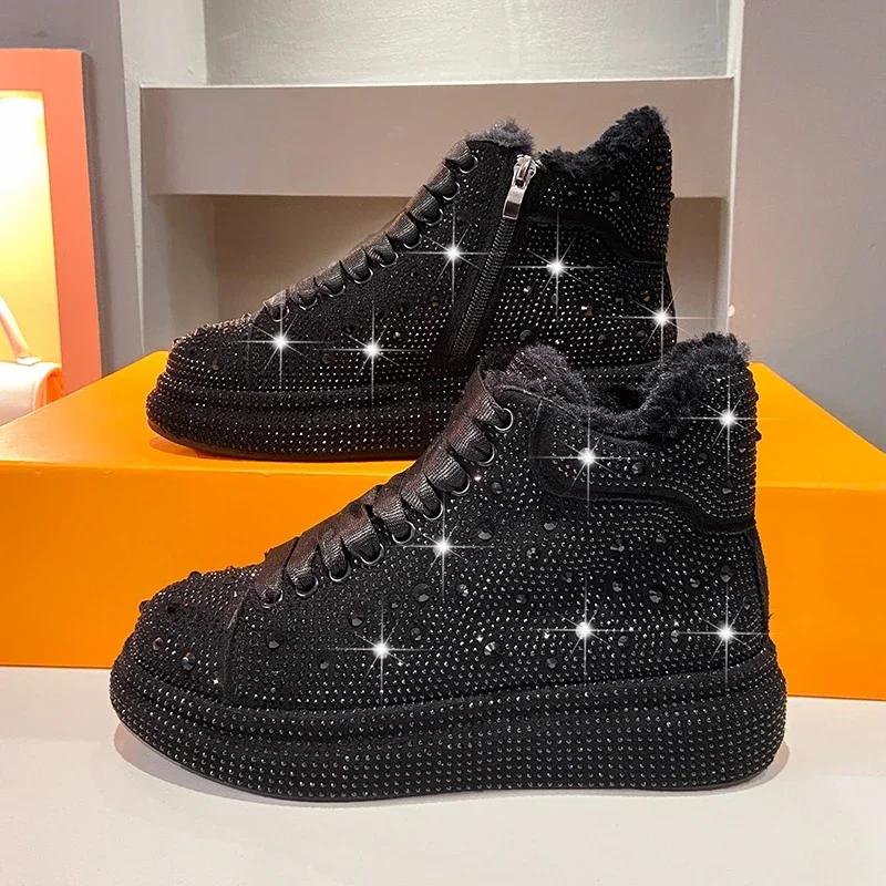 

Модные кроссовки женские тренд осень и зима платформа шнуровка стразы женская повседневная обувь модные блестящие женские ботинки 35