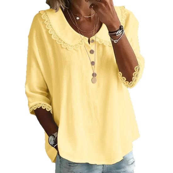 

Women Shirt Loose Fit Three-Quarter Sleeve Blouse with Lace Neckline Cuffs Button Placket Summer Spring Casual Tops S жёлтый