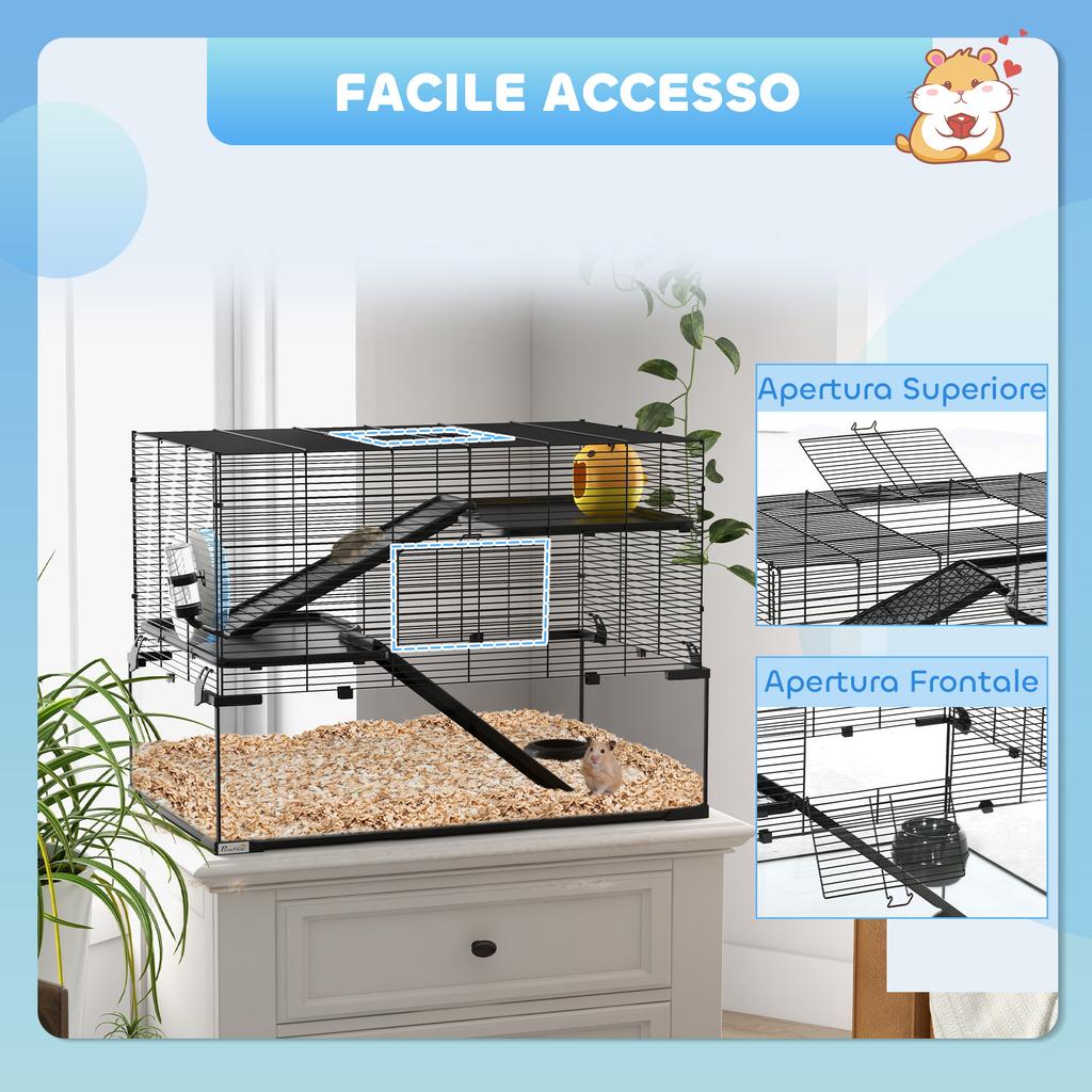 3-Tier Hamster Cage with Tempered Glass Base, Wheel and Accessories, 76.5x48.5x54.5 cm, Black
