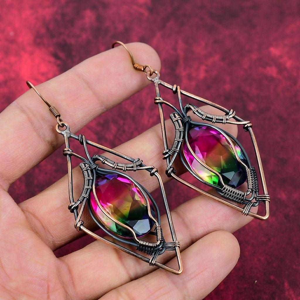 Faceted Multi Tourmaline Earring Copper Wire Wrapped Earrings Handmade Copper Jewelry Gemstone Earring Gifts For Women Wire Wrapped Jewelry