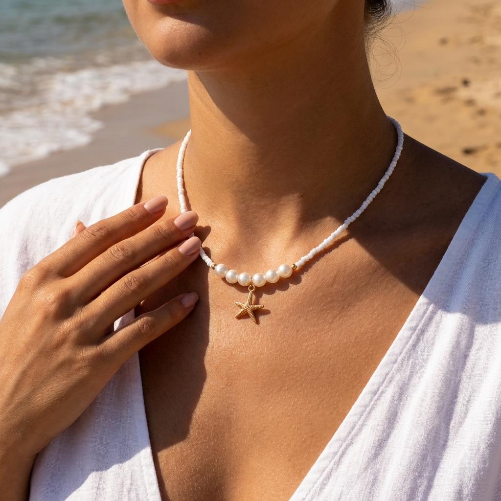 

Boho Beaded Choker Handmade Imitation Pearl Starfish Necklace for Women White Beads Simulated Pearl Gold Color Vacation Gift