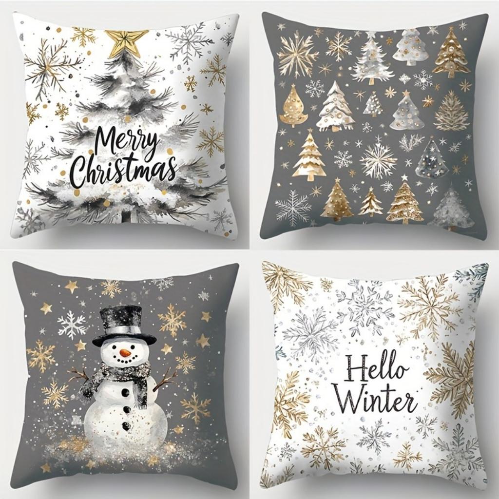 1pc Grey Christmas Cushion Cover Snowman Pine Printed Durable Cover 2025 New for Home Ornament Xmas New Year Christmas Decor