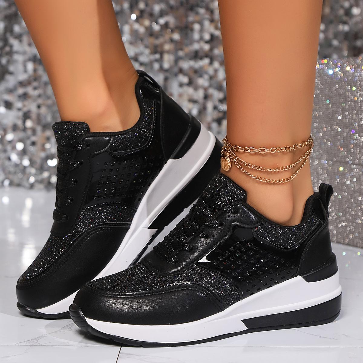 

Женские спортивные туфли на толстой подошве с дышащими блестками и круглым носком, повседневные спортивные туфли больших размеров со шнуровкой 36-43 36 чёрный