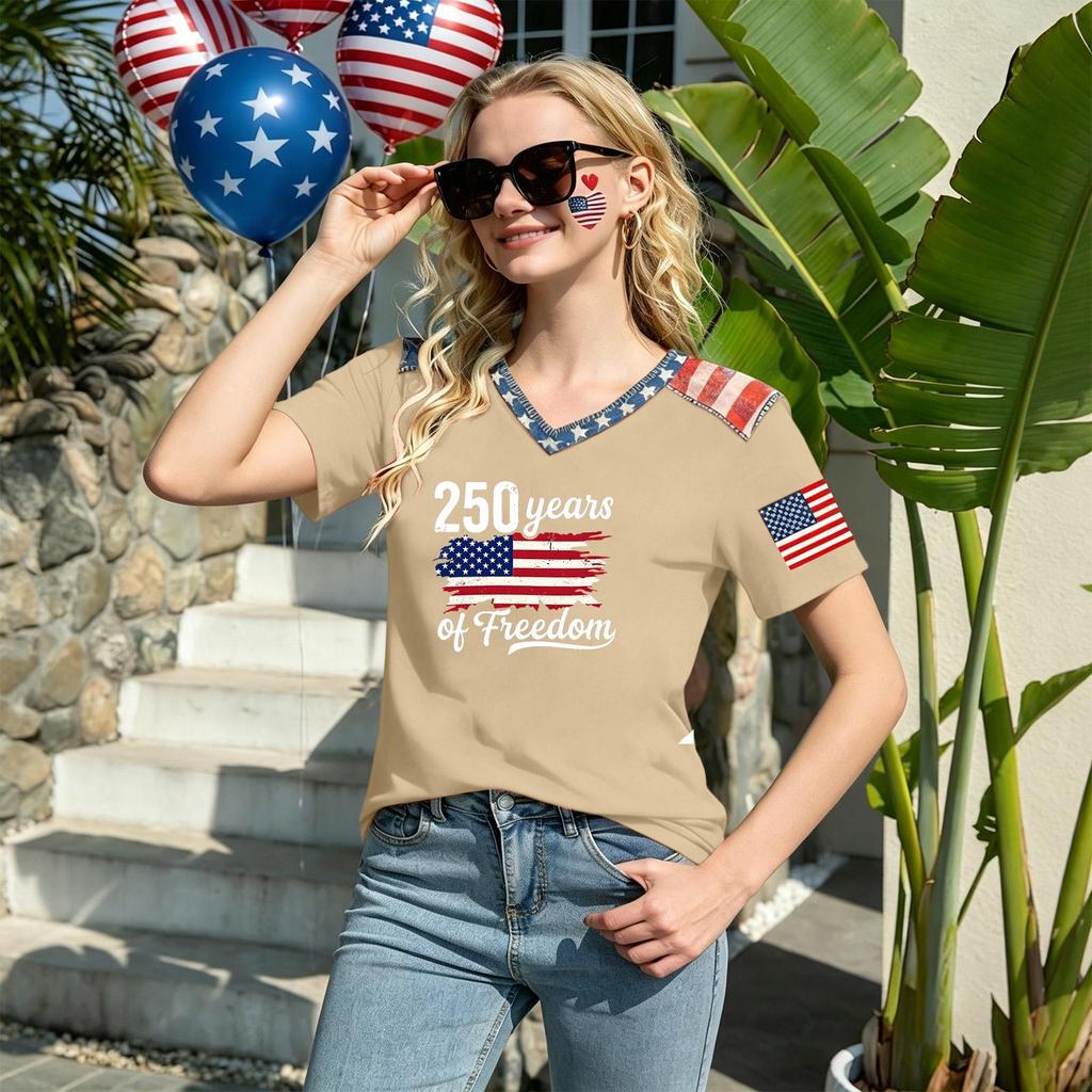Haut T-shirt Pull Col en V Manches Courtes pour Femme avec Impression Drapeau Coupe Ample Décontracté Confortable Design Léger pour un Usage Quotidien